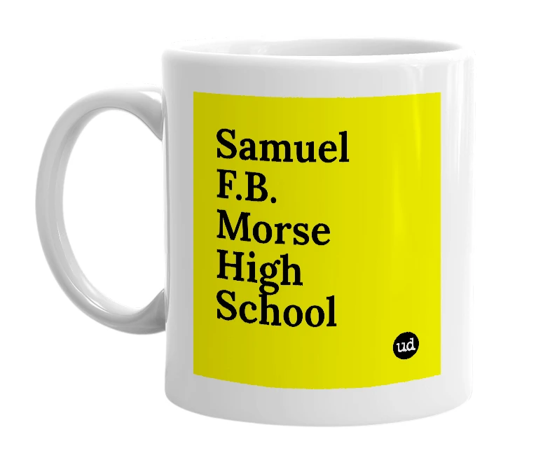 White mug with 'Samuel F.B. Morse High School' in bold black letters