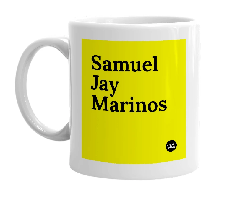 White mug with 'Samuel Jay Marinos' in bold black letters