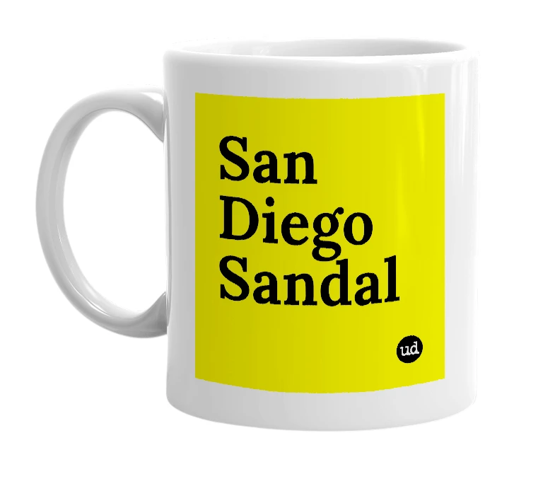 White mug with 'San Diego Sandal' in bold black letters