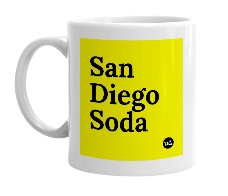 White mug with 'San Diego Soda' in bold black letters