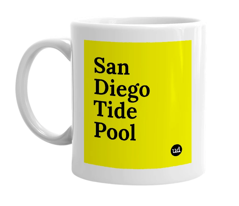 White mug with 'San Diego Tide Pool' in bold black letters