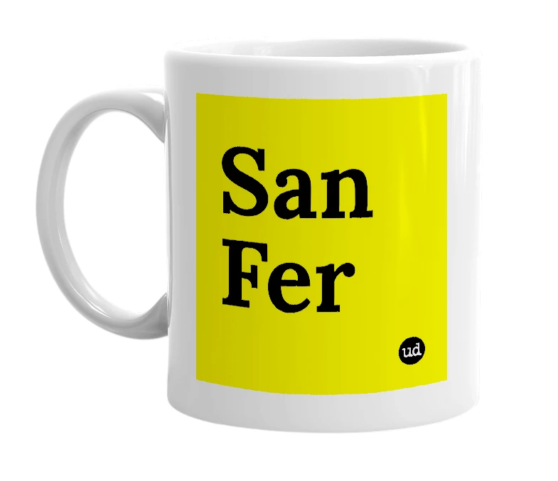 White mug with 'San Fer' in bold black letters