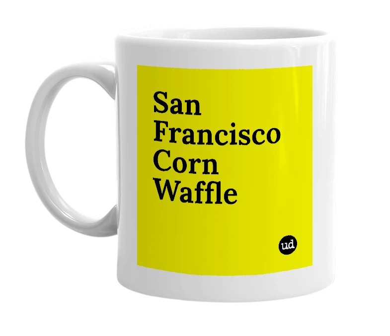 White mug with 'San Francisco Corn Waffle' in bold black letters