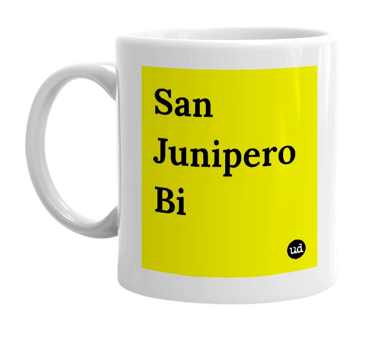 White mug with 'San Junipero Bi' in bold black letters