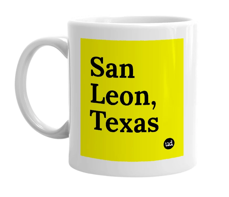 White mug with 'San Leon, Texas' in bold black letters