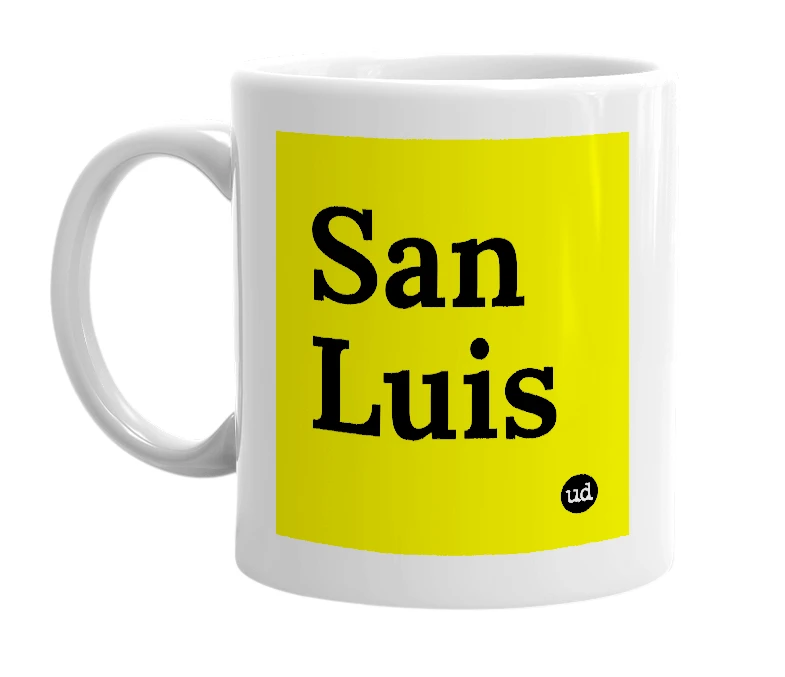 White mug with 'San Luis' in bold black letters
