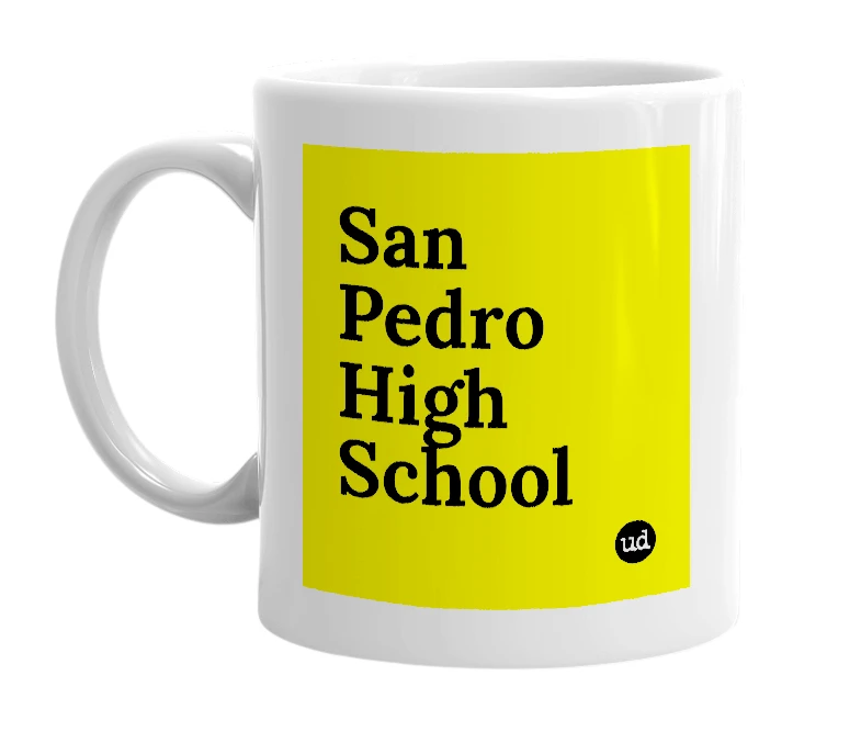 White mug with 'San Pedro High School' in bold black letters