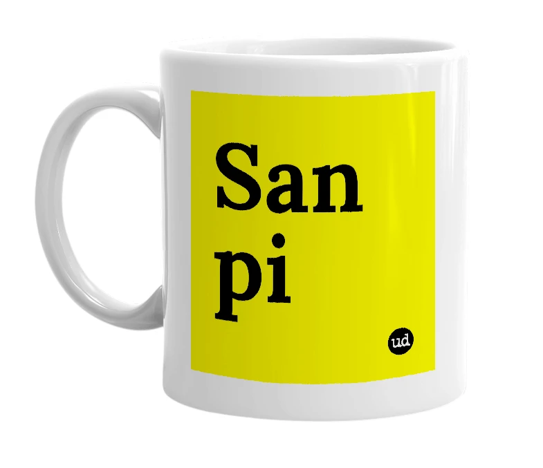 White mug with 'San pi' in bold black letters