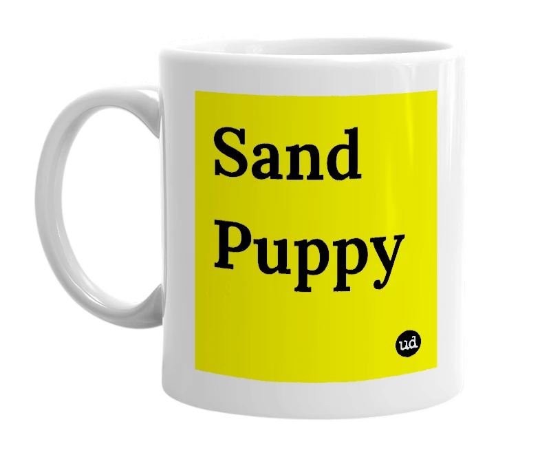 White mug with 'Sand Puppy' in bold black letters