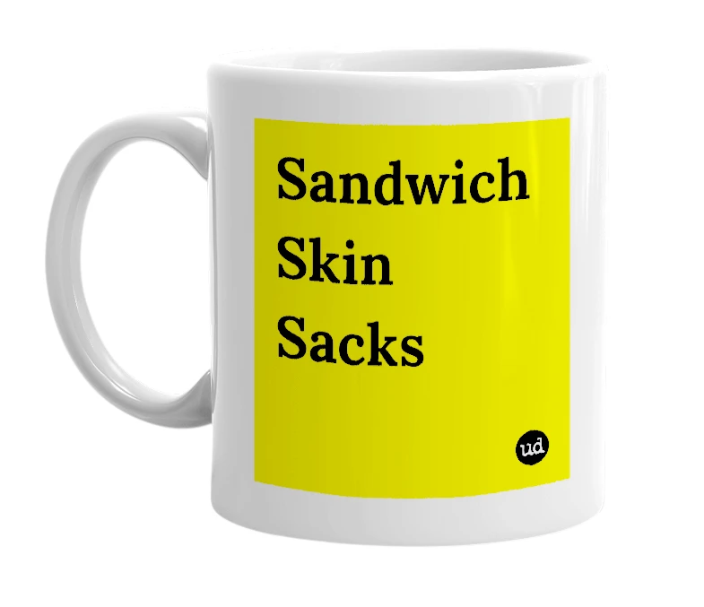 White mug with 'Sandwich Skin Sacks' in bold black letters