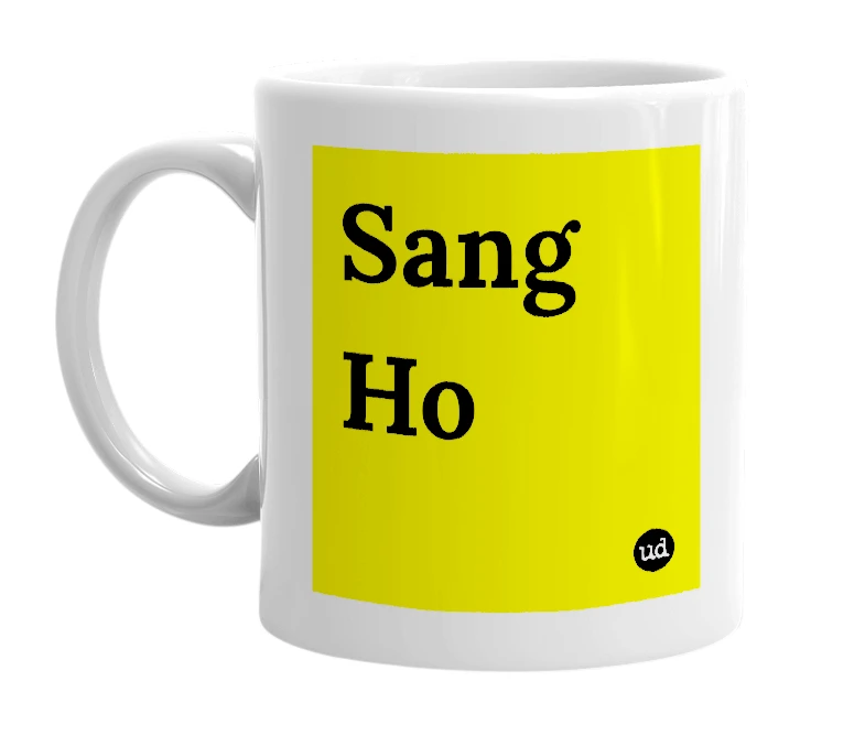 White mug with 'Sang Ho' in bold black letters