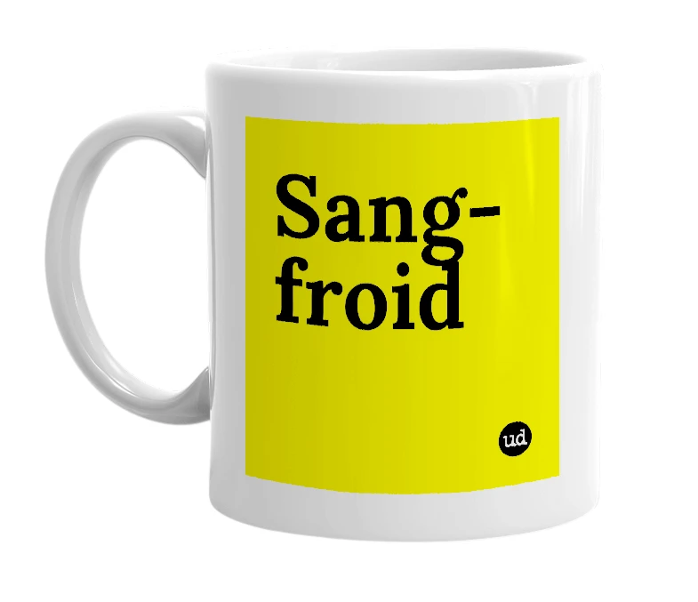 White mug with 'Sang-froid' in bold black letters