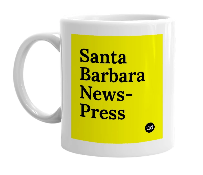 White mug with 'Santa Barbara News-Press' in bold black letters