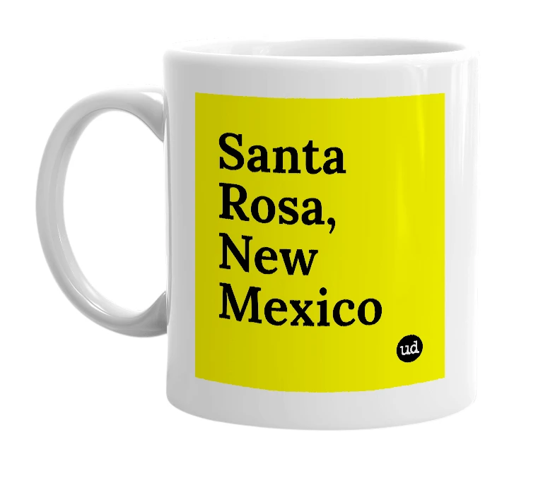White mug with 'Santa Rosa, New Mexico' in bold black letters