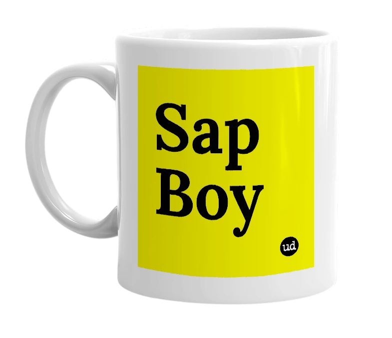 White mug with 'Sap Boy' in bold black letters