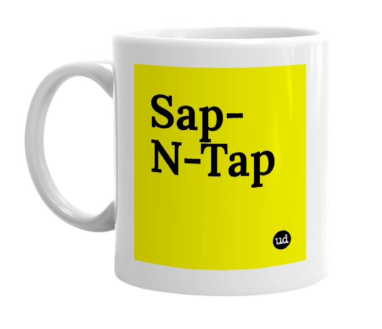 White mug with 'Sap-N-Tap' in bold black letters