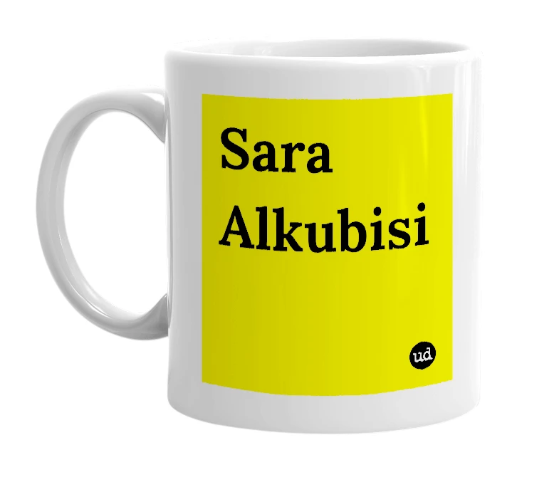White mug with 'Sara Alkubisi' in bold black letters