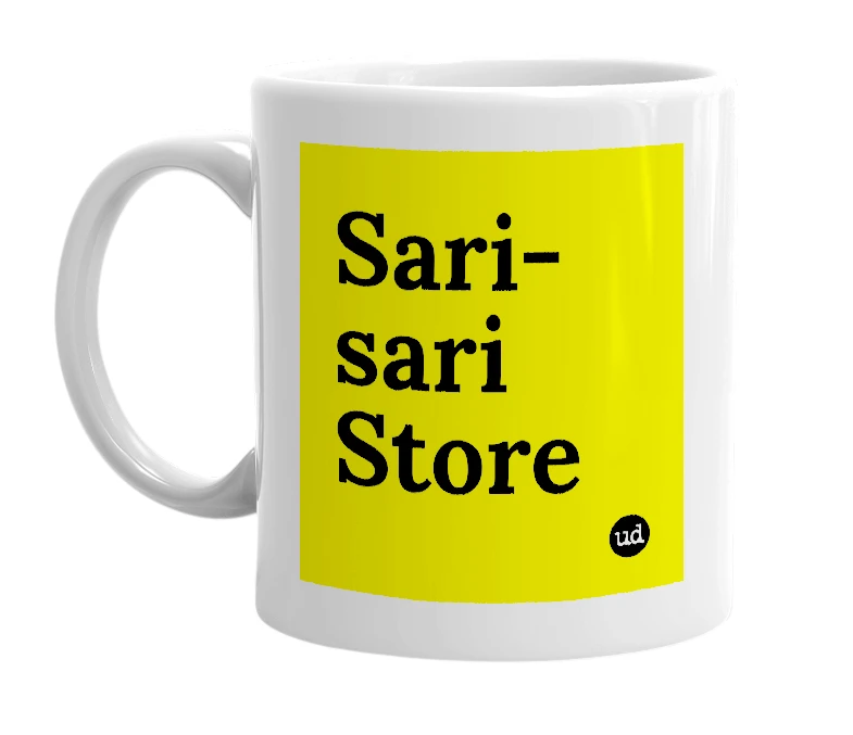 White mug with 'Sari-sari Store' in bold black letters