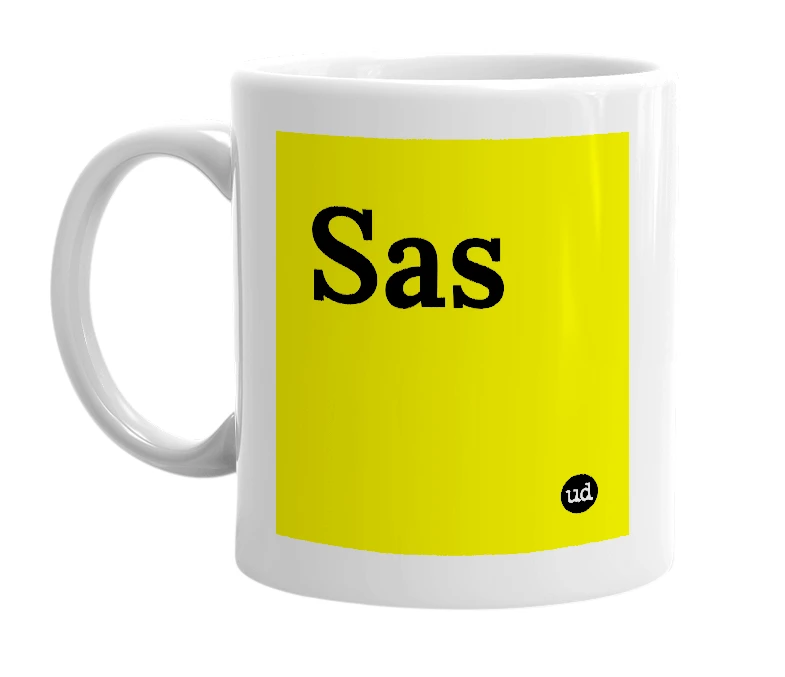 White mug with 'Sas' in bold black letters