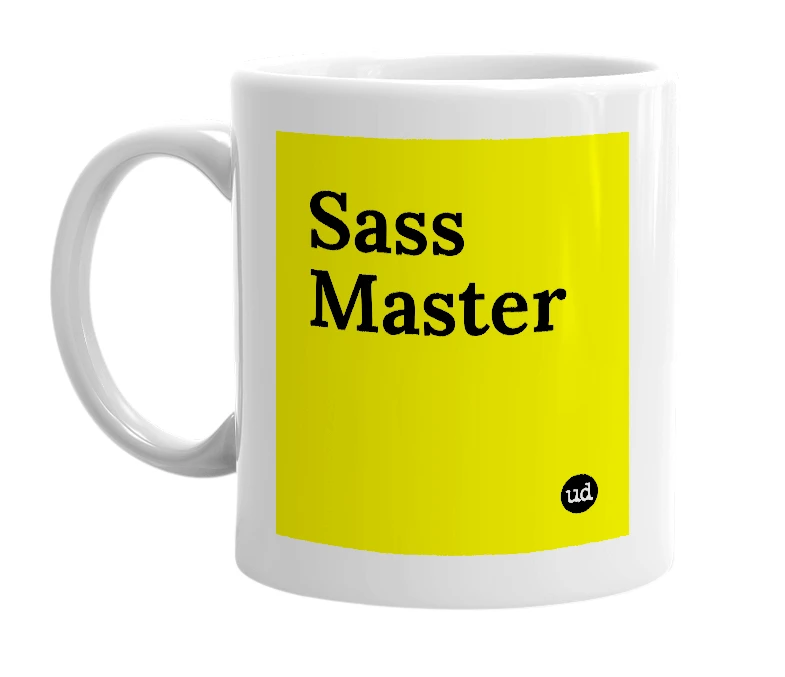 White mug with 'Sass Master' in bold black letters