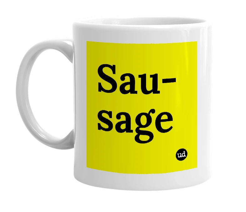 White mug with 'Sau-sage' in bold black letters