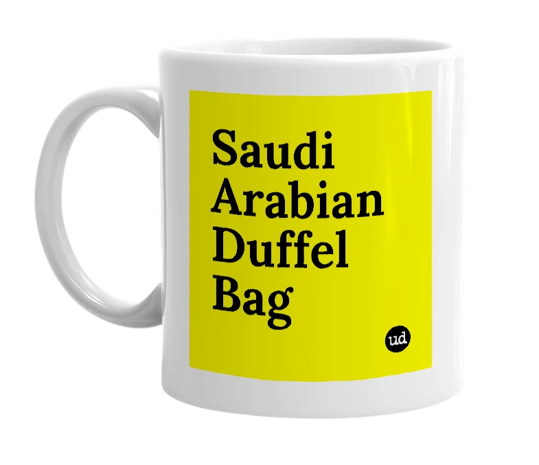 White mug with 'Saudi Arabian Duffel Bag' in bold black letters