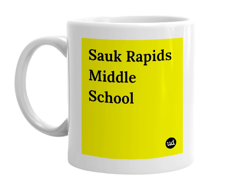 White mug with 'Sauk Rapids Middle School' in bold black letters