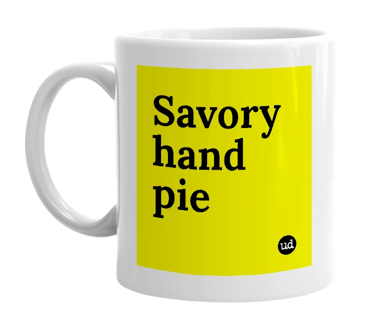 White mug with 'Savory hand pie' in bold black letters