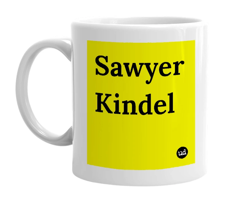 White mug with 'Sawyer Kindel' in bold black letters