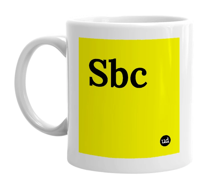 White mug with 'Sbc' in bold black letters