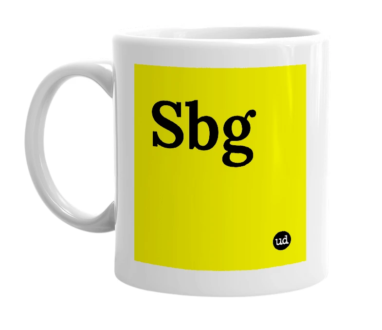 White mug with 'Sbg' in bold black letters