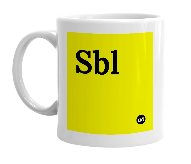 White mug with 'Sbl' in bold black letters