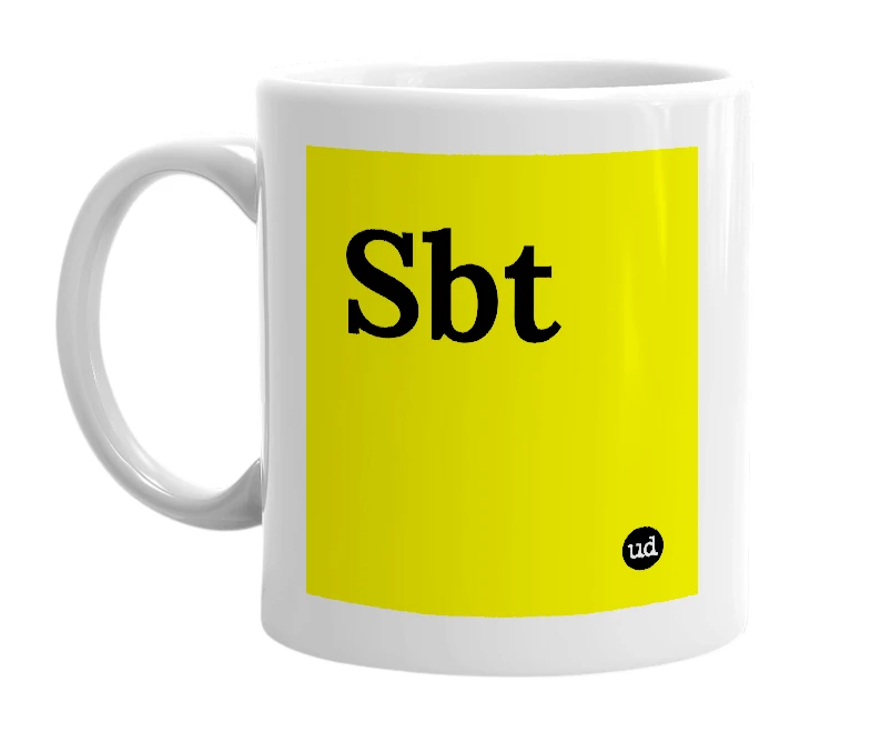 White mug with 'Sbt' in bold black letters