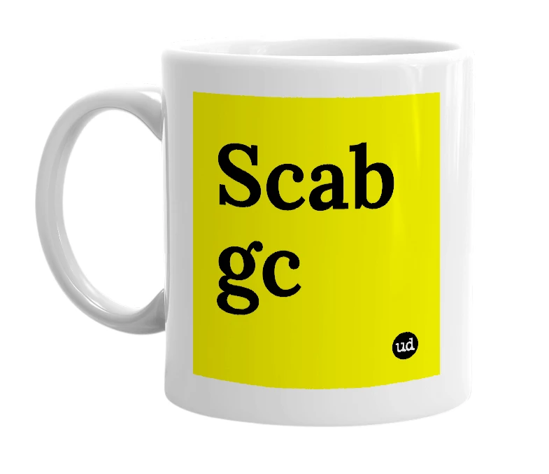 White mug with 'Scab gc' in bold black letters