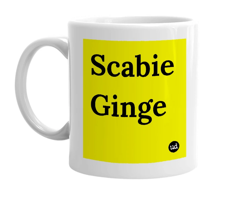 White mug with 'Scabie Ginge' in bold black letters