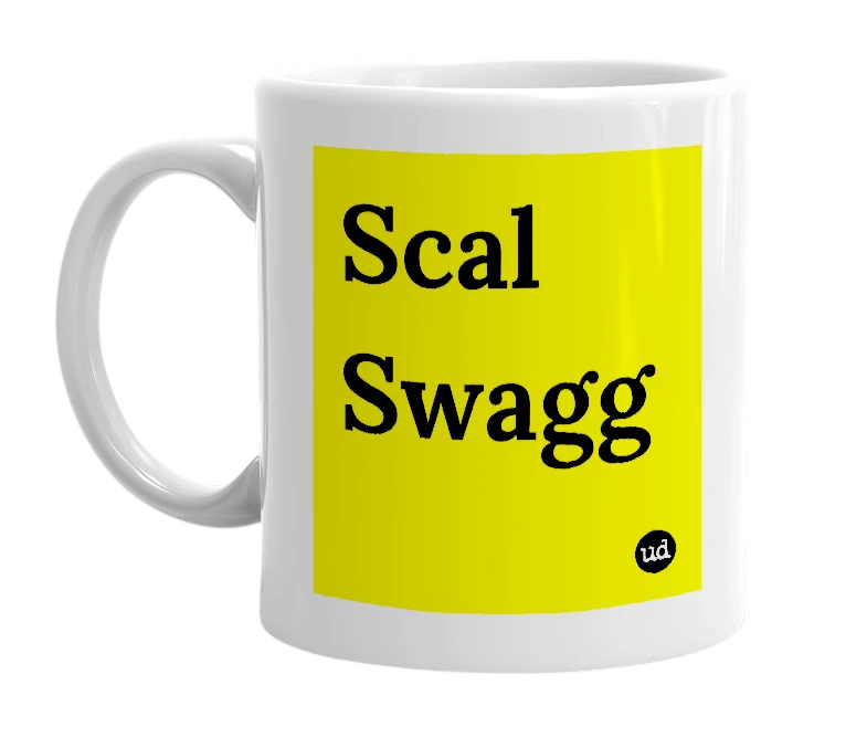 White mug with 'Scal Swagg' in bold black letters