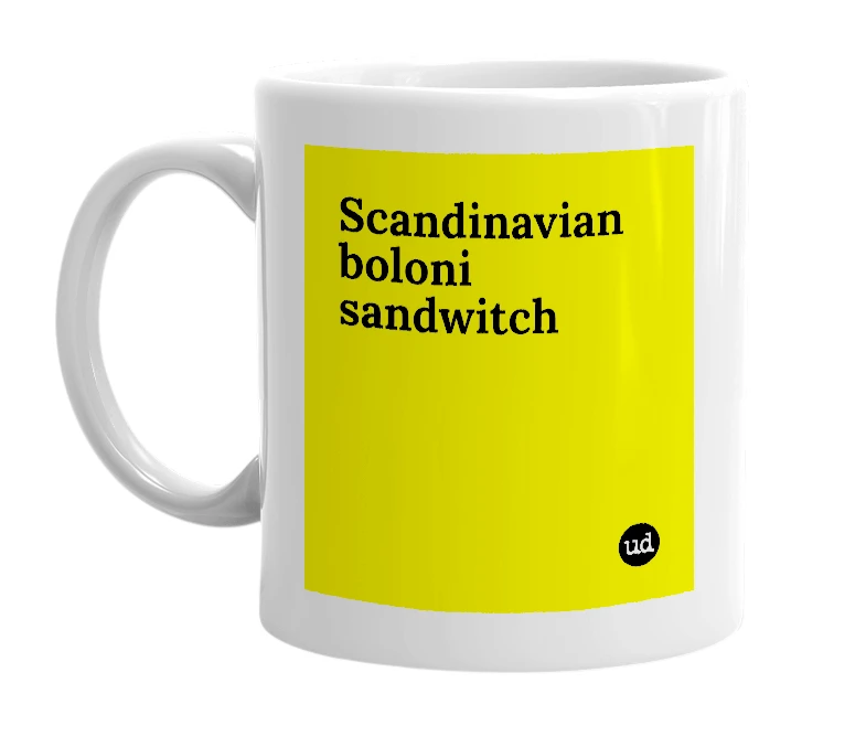 White mug with 'Scandinavian boloni sandwitch' in bold black letters