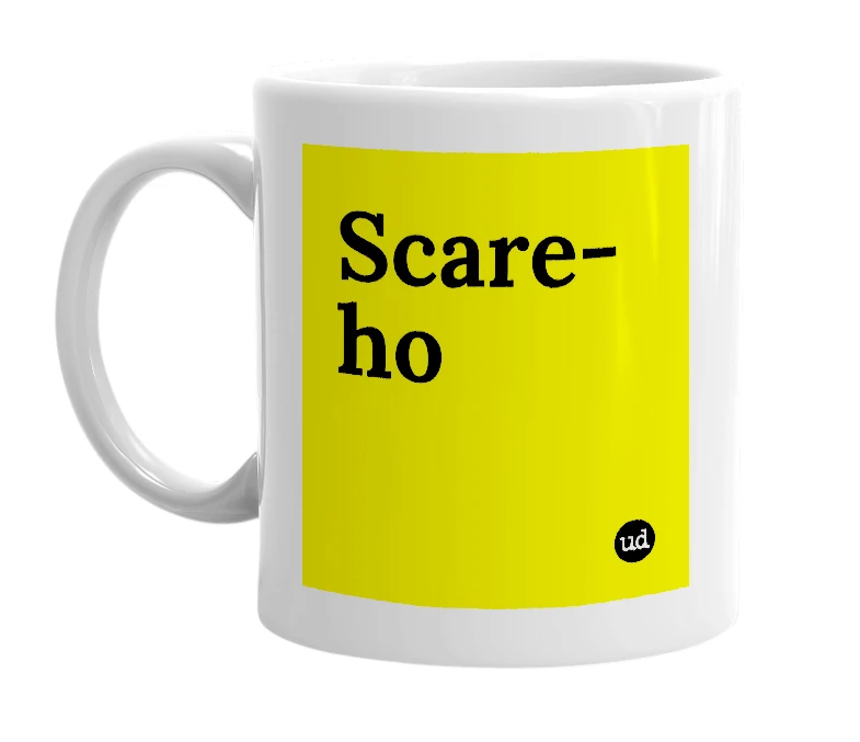 White mug with 'Scare-ho' in bold black letters