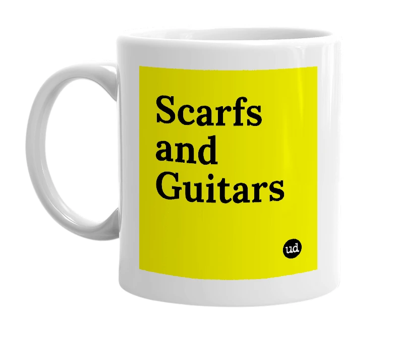 White mug with 'Scarfs and Guitars' in bold black letters