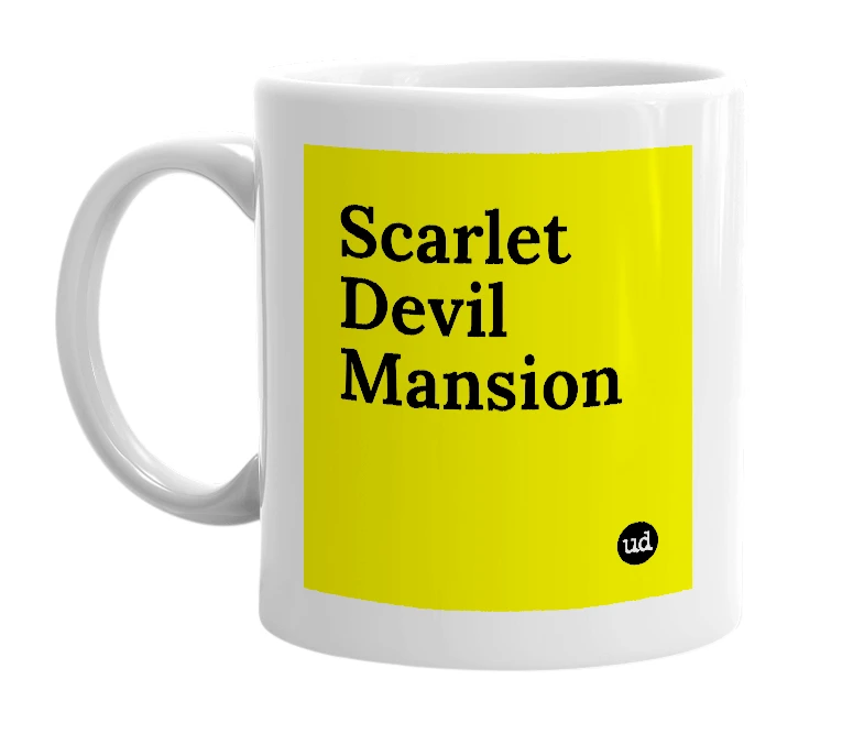 White mug with 'Scarlet Devil Mansion' in bold black letters