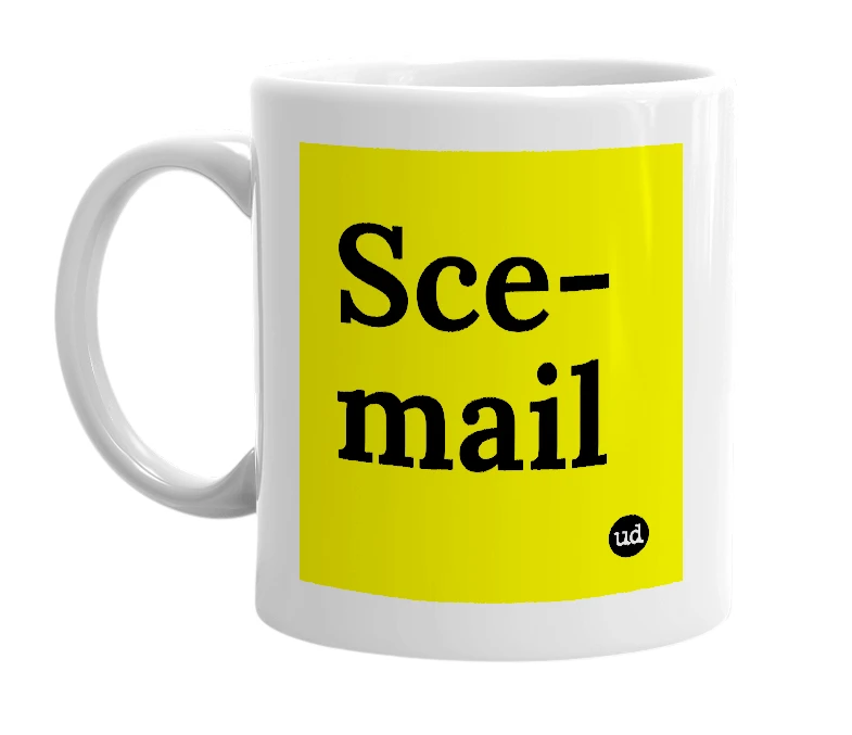 White mug with 'Sce-mail' in bold black letters