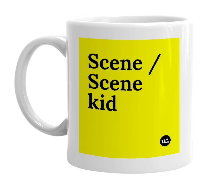 White mug with 'Scene / Scene kid' in bold black letters
