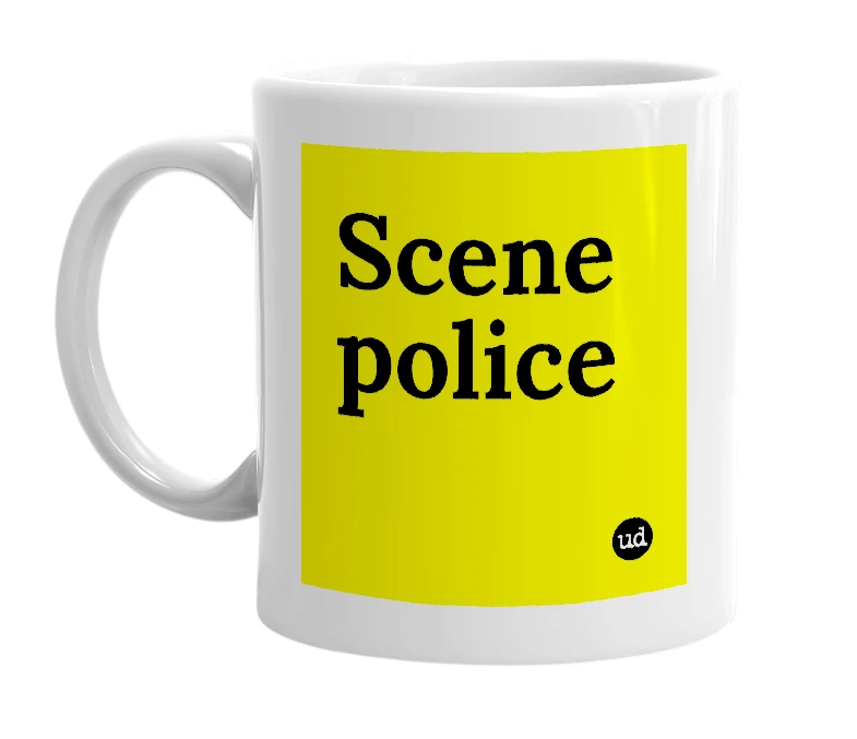 White mug with 'Scene police' in bold black letters