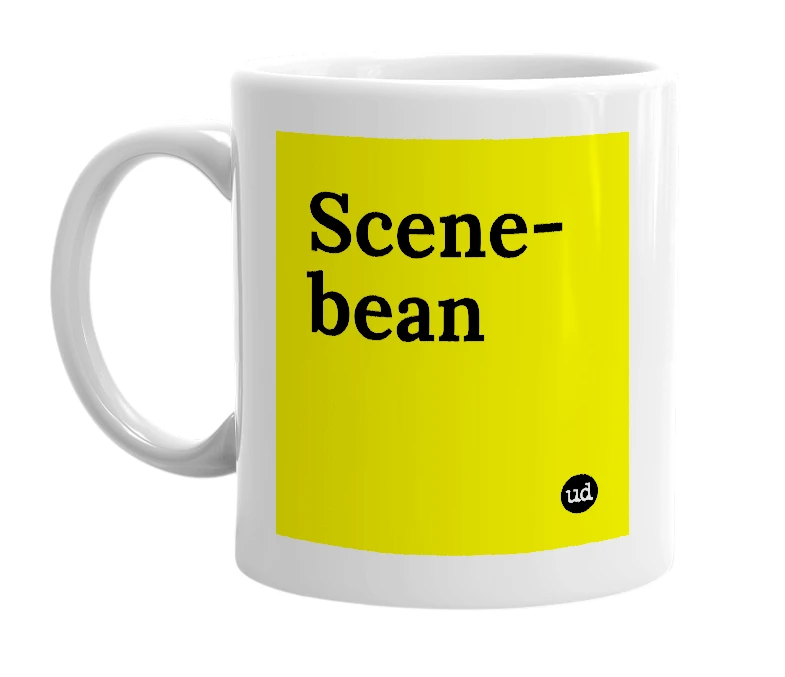 White mug with 'Scene-bean' in bold black letters