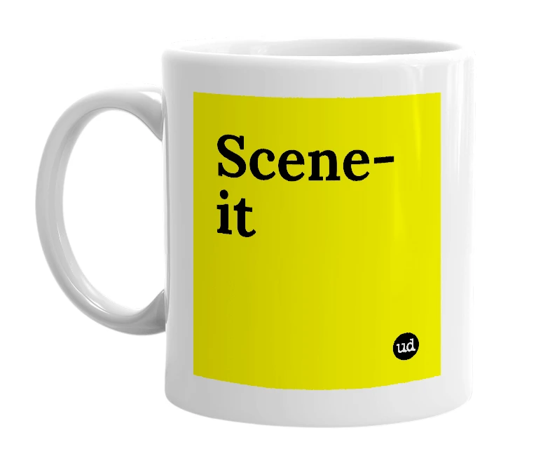 White mug with 'Scene-it' in bold black letters