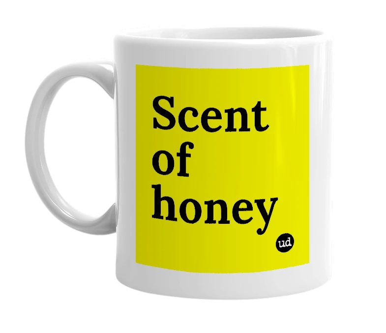 White mug with 'Scent of honey' in bold black letters