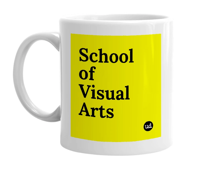 White mug with 'School of Visual Arts' in bold black letters