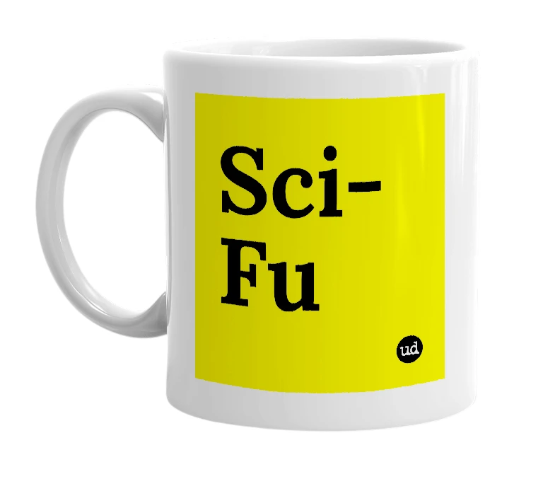 White mug with 'Sci-Fu' in bold black letters