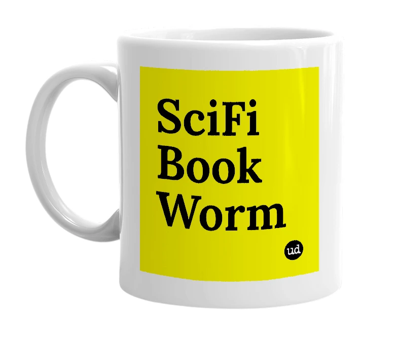 White mug with 'SciFi Book Worm' in bold black letters