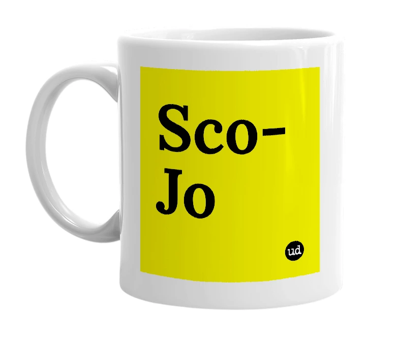 White mug with 'Sco-Jo' in bold black letters